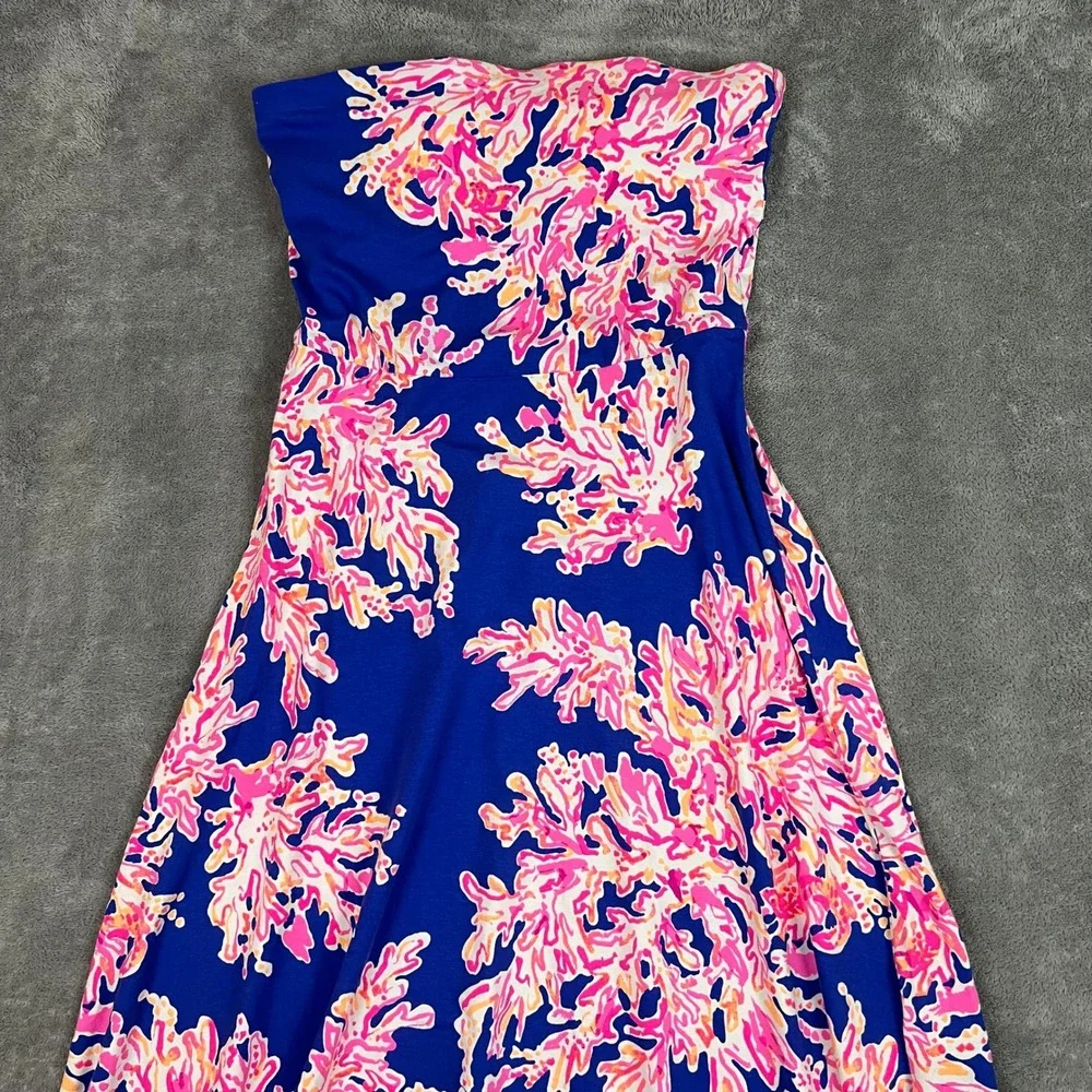 Lilly Pulitzer Loleta Strapless Midi Dress Womens M Floral Asymetrical Hem - Picture 2 of 10